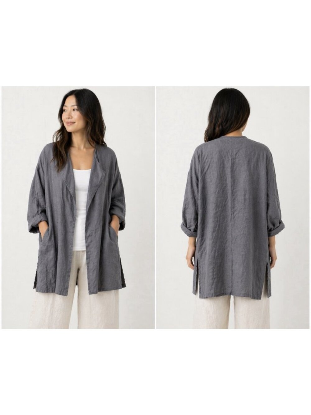 Vikolino L Gray Euro Washed Linen Oversized Lagenlook Long Sleeve Jacket NEW